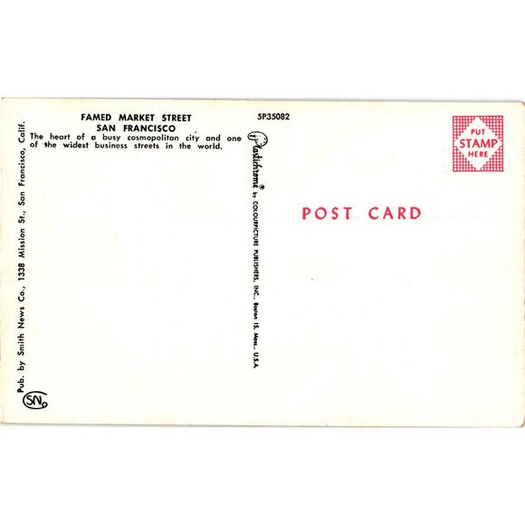 Market Street San Francisco California Postcard Unposted - Picture 2 of 2